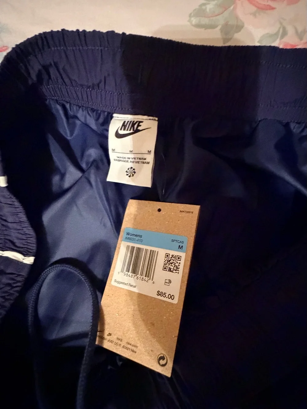 Nike Navy Blue Women's Track Pants with White Stripe